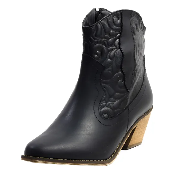 Botas Texanas Cuero Mujer Negro Tacon Bajo Moda Bacalar