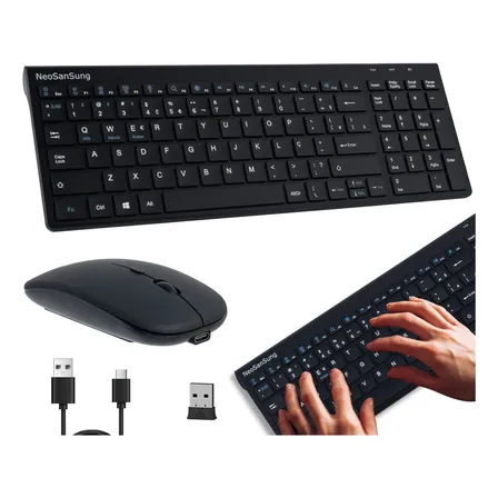 Kit Teclado E Mouse Sem Fio Bluetooth Usb Silencioso Abnt2 Preto