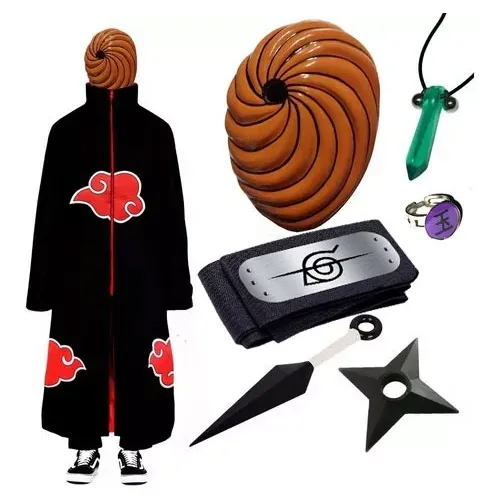 Kit Capa Akatsuki Máscara Tobi Kunai Shuriken Colar Anel T06