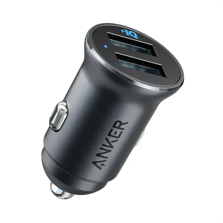 Carregador Veicular Turbo Anker 24w Carga Rápida 2 Portas Usb-a Alumínio Carrega 2 Celulares iPhone 17/16/15/14/13/12, Samsung Galaxy, Motorola Moto G, Xiaomi Android Bivolt 12/24v Cor Preto