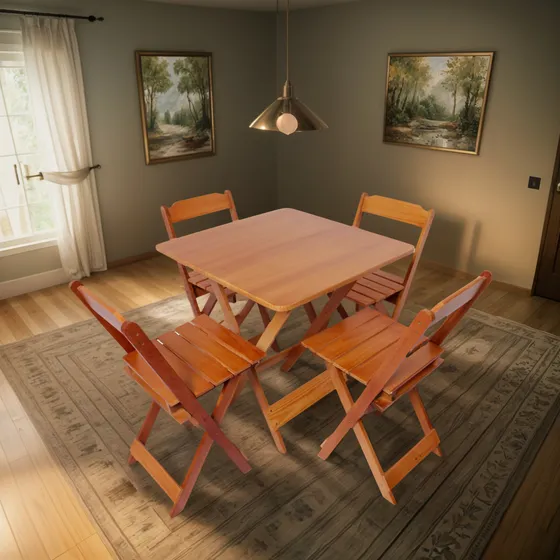 Conj Mesa Madeira Cor Mel Pinus 70x70 Dobrável + 4 Cadeiras 