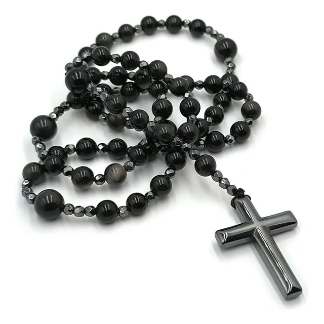 Rosario De Obsidiana  Dije Cruz De Hematite 49 Cm.
