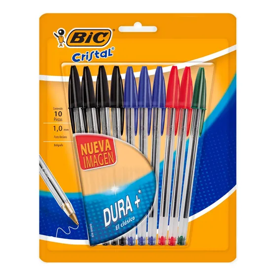 Pluma Lapicero Bic Cristal Dura+ Punto Mediano 1.0 Mm 10 Pzs Colores Clásicos