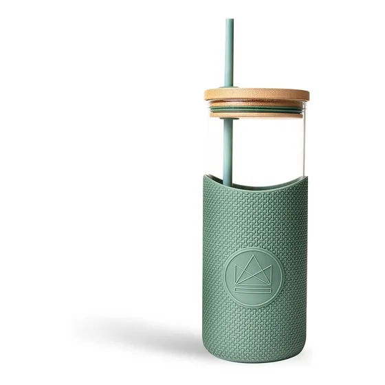 Botella Agua Vidrio Happy Camper Popote Vaso Para Bebida Fl