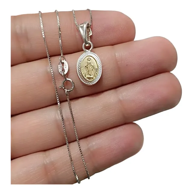 Cadena En Plata 925 Y Dije Medalla Virgen Milagrosa