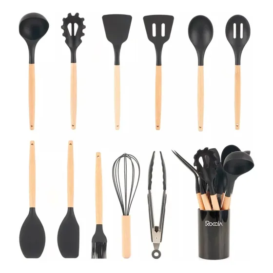 Set De Utensilios De Cocina 12 Piezas Silicón Color Negro 