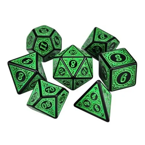 Dados Rpg Conjunto Com Sete - Runas Preta C/n° Verde