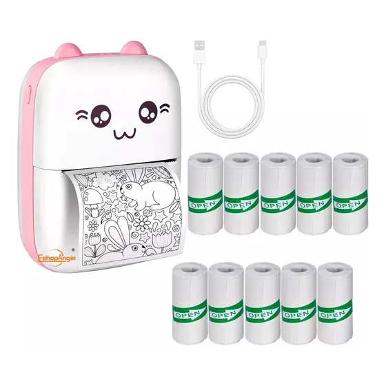 Impresora Mini Gatito Bluetooth + 10 Rollos Adhesivo Rosa Eshopangie