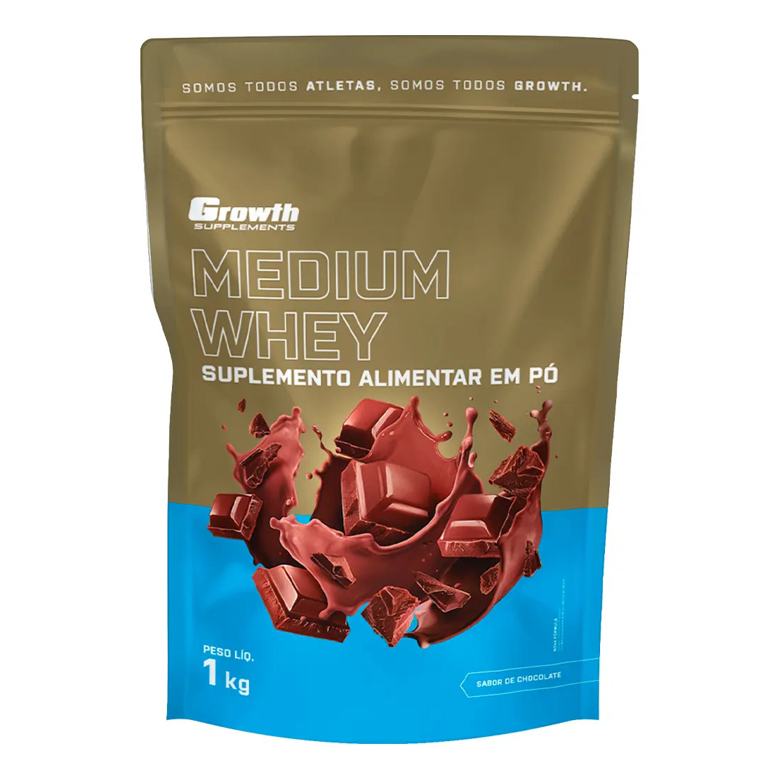 Embalagem de 1kg de Whey Protein Medium da Growth Supplements sabor chocolate com respingos de chocolate ao fundo