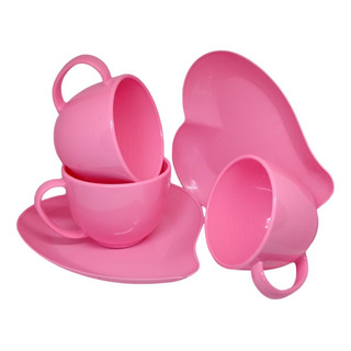 Kit 6 Xicara De Chá 180ml Acrilico Rosa 6 Pratinho Coração Kit 6 Xicara De Chá 180ml Acrilico Rosa 6 Pratinho Coração