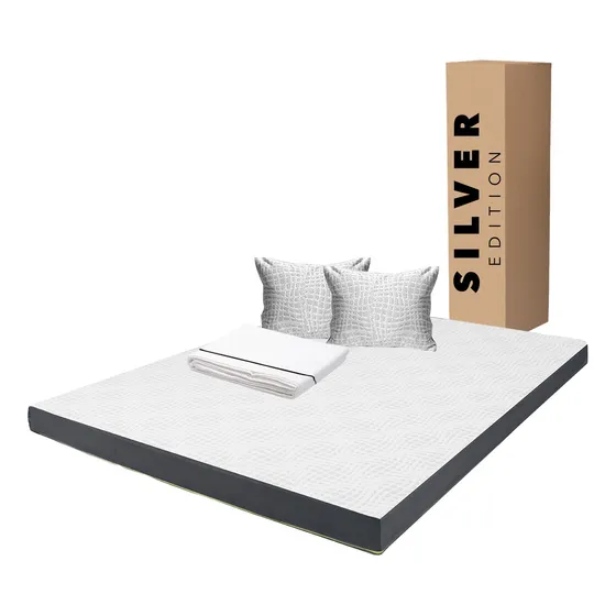 Colchón Matrimonial En Caja 10cm + Juego Sábanas Y Almohada Blanco Con Gris