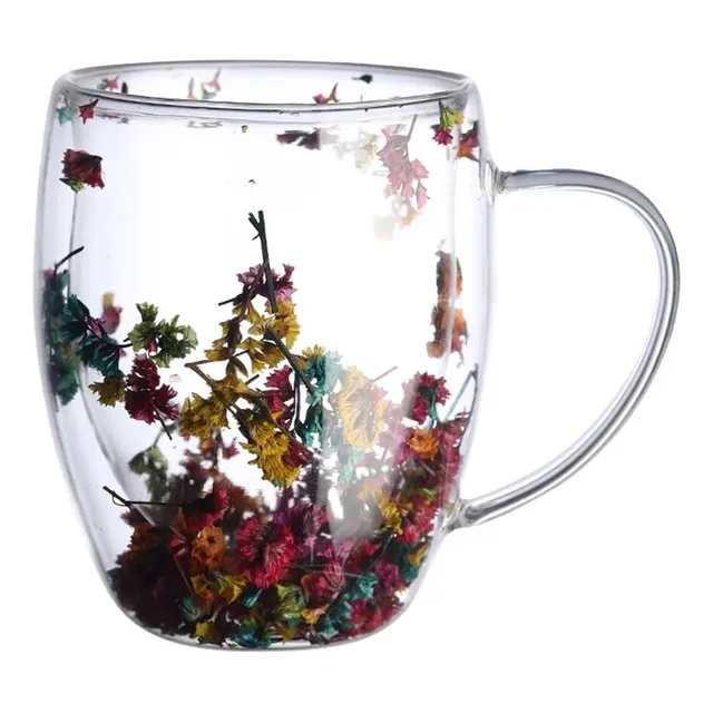 Taza Doble Fondo Transparente Con Flores  350 Ml Regalo