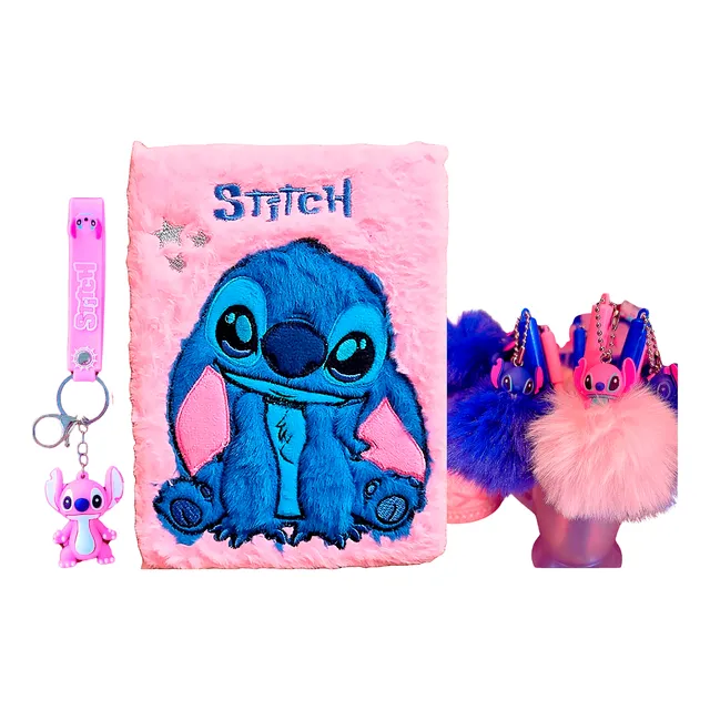 Kit Caderno Pelúcia Stitch Caneta Pom Pom Chaveiro Promoção