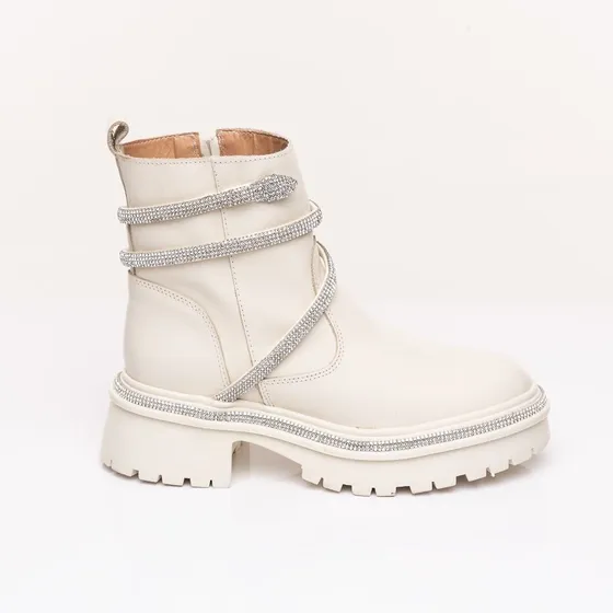 Bota Feminina De Couro Com Cobra De Strass Na Lateral Ziper