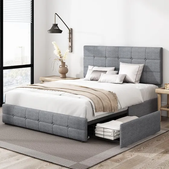 Moderna Base De Cama Tamaño Queen Keyluv 4 Cajones Keyluv