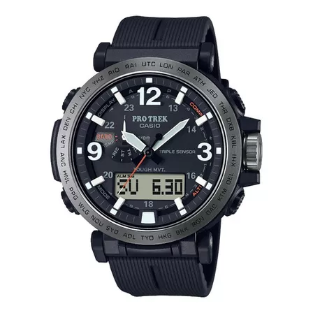 Reloj Casio Pro Trek Prw6611y-1 Para Hombre Time Square Color de la correa Negro Color del bisel Plateado Color del fondo Negro