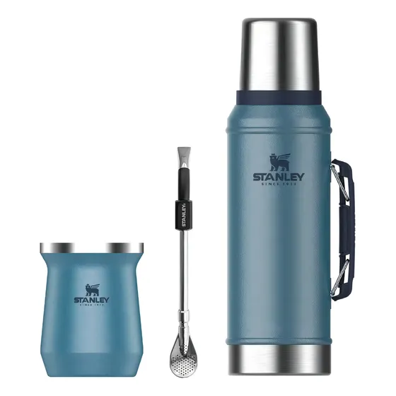 Combo Stanley Clásico, Termo Classic 940ml + Mate Acero Inox. 230ml + Bombilla - Azul Hammertone