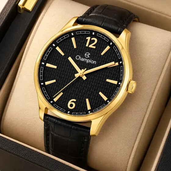 Relógio Masculino Champion CN21443P Social Elegante Dourado Pulseira de Couro Preto Analógico Quartzo 42mm 5 ATM 50m Cristal Mineral Clássico Executivo Casual Presente para Homem Marido Pai Namorado