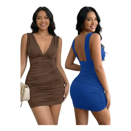 Kit 2 Vestido Curto Ajustado Decote V Profundo Bodycon Festa Azul / Marrom Lisa Pp