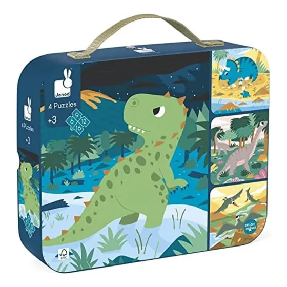 Rompecabezas En Maleta De Dinosaurio 4 En 1. Marca Janod