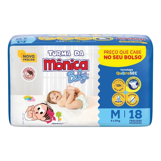 Fralda Descartável Baby Tamanho M Pacote Com 18 Unidades 4 a 9kg Turma da Mônica