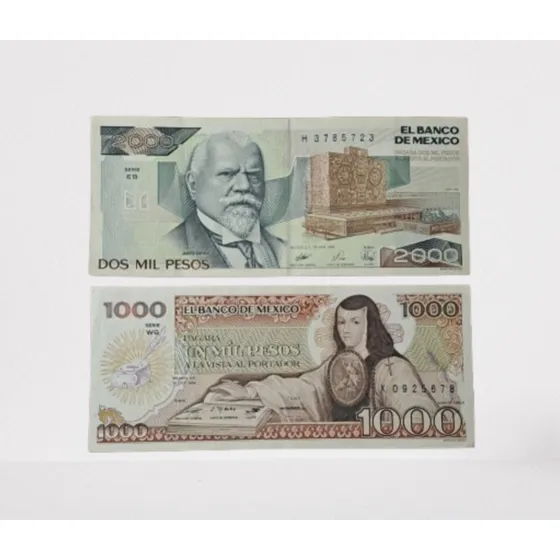 Mexico X 2 Billetes Incluye 2000 Pesos 1989. Usados