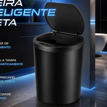 Lixeira Inteligente Automática Preta Universal Com Sensor Recarregável EarMan company Anti Odor 16L Recarregável USB Abre Sozinha