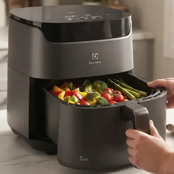 Air fryer Fritadeira Elétrica sem oleo Rita Lobo 5,6L 9 receitas funções pré-definidas Painel Digital timer 60min desligamento automático cesto removivel antiaderente 1400W Electrolux EAF45 Cinza