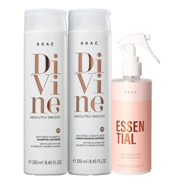 Kit Braé Divine contendo um frasco de shampoo, um frasco de condicionador e um frasco de spray reparador Essential