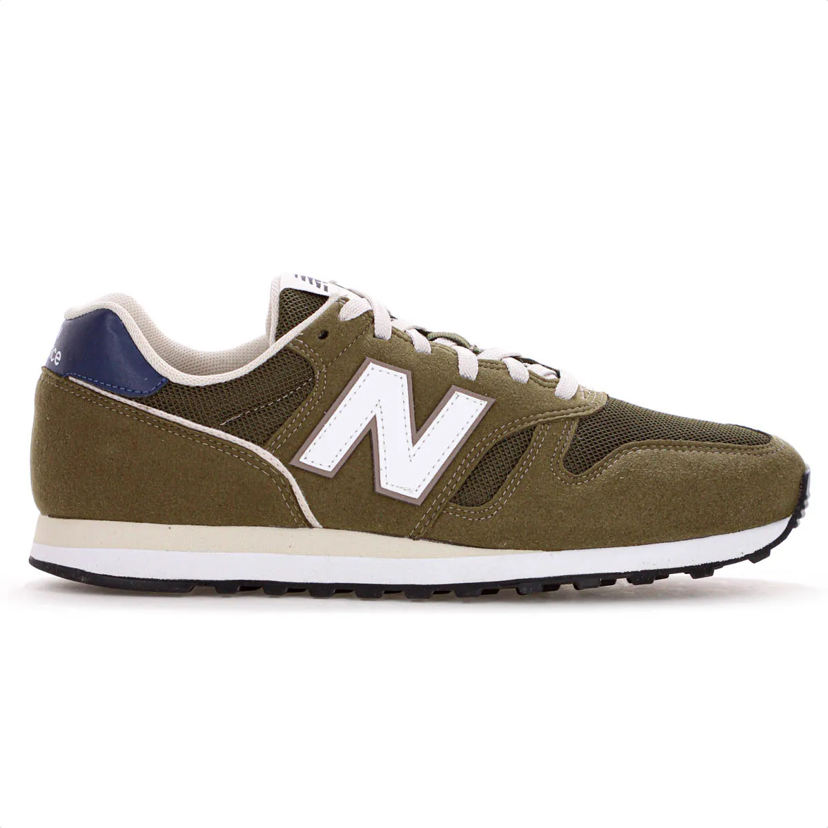 Tênis New Balance 373v2 na cor verde, com o logotipo N em branco na lateral e detalhe azul no calcanhar, visto de perfil.