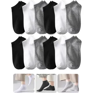 12 Pares Calcetines Cortos Hombres Dama Unisex Cómodo 18-30cm Blanco/negro/gris