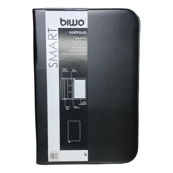 Carpeta Negra Oficio Smart Biwo Con Cierre Cuero Ecologico