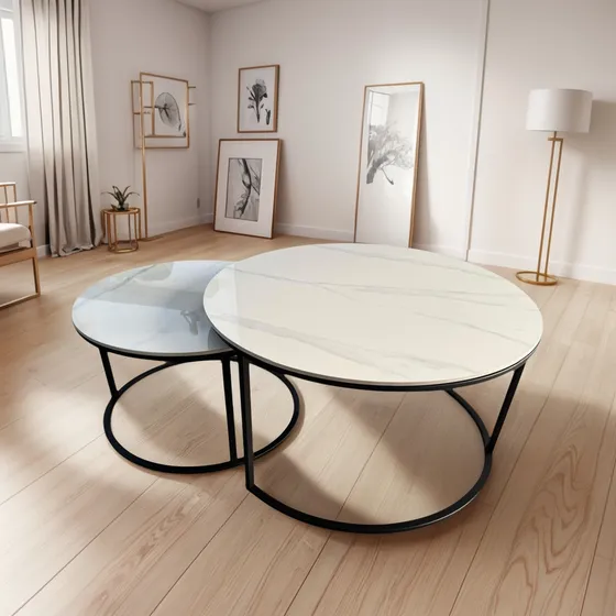 Mesa Nido Set Minimalista Simil Marmol Metalica  80/60 Cm