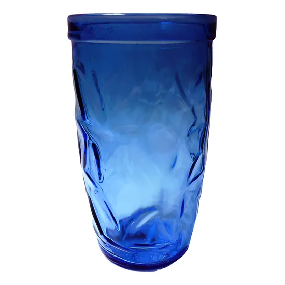 Vaso Vintage Vidrio Prensado Azul Formas Relieve
