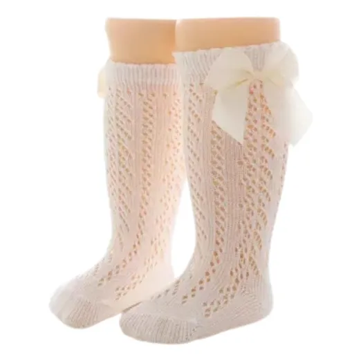 Medias Caladas 3/4 Para Bebe Con Lazo Gross Beige Calado 0 A 6 Meses