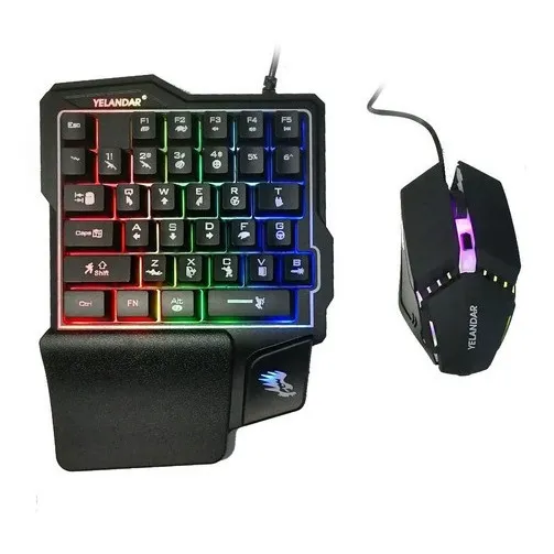 Kit Teclado Una Mano Mouse Gamer Celular Yelandar N3000 Rgb Mouse Negro Teclado Negro D-6 P-2