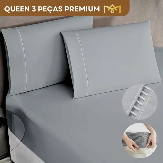 Lençol Queen Padrão C/ Elástico 3 Peças 400 Fios Percal Fronha Ponto Palito Toque Macio Premium Cor Cinza