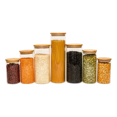 Potes De Vidro P/ Mantimentos C/ Tampa Bambu Oikos - 7 Pçs Marrom-claro