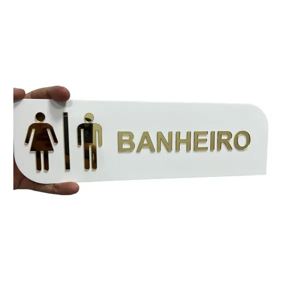 Placa Sinalização Banheiro Wc Acrílico Branco Com Dourado