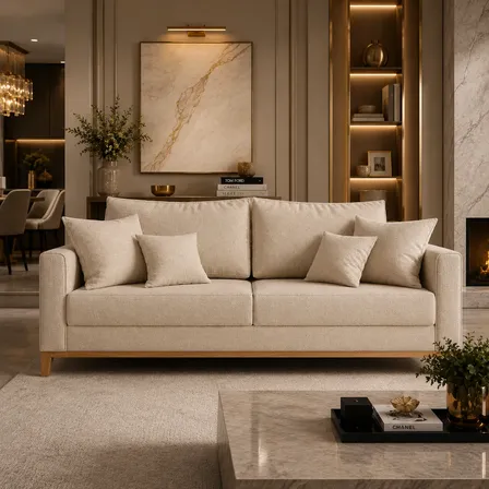 Sofa Beny 180cm 3 Lugares 4 Almofadas Confortavel Sala Estar Bege Liso
