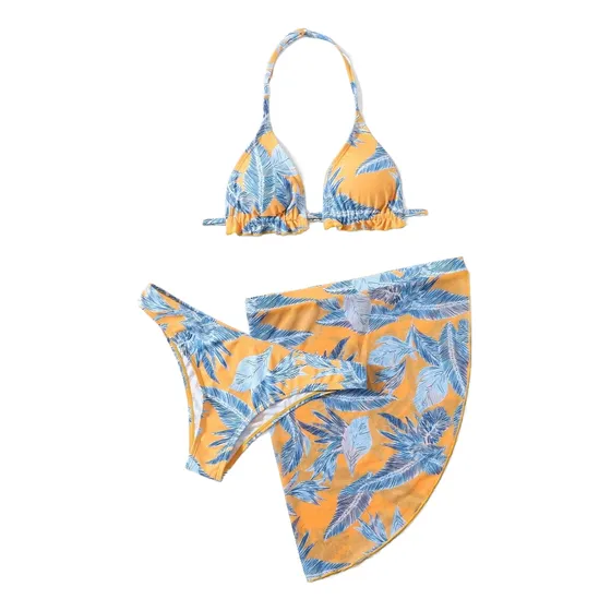 Shein Niñas Bikini Halter Con Estampado De Planta Con Falda 