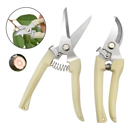 2 Kit Tesoura De Poda Jardinagem Ponta Curva + Reta Aço Inox Bege