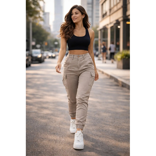 Calça Cargo Jogger Cintura Alta Com Lycra