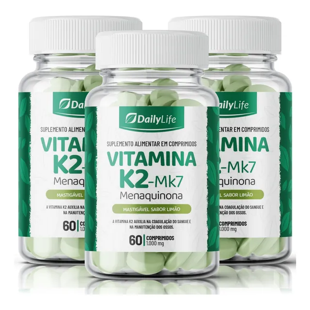 3x Vitamina K2-mk7 Menaquinona Daily Life Mastigável Limão