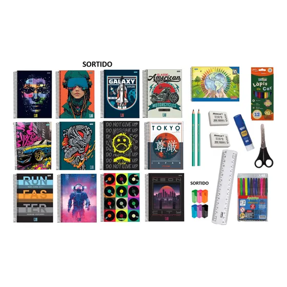 Kit Material Escolar Masculino 12 Itens - Fundamental Médio