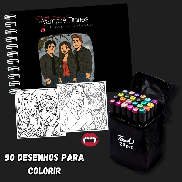 Kit Livro De Colorir Diários De Um Vampiro Estilo Bobbie Goods 50 Folhas 180g Com 24 Canetinhas Profissionais