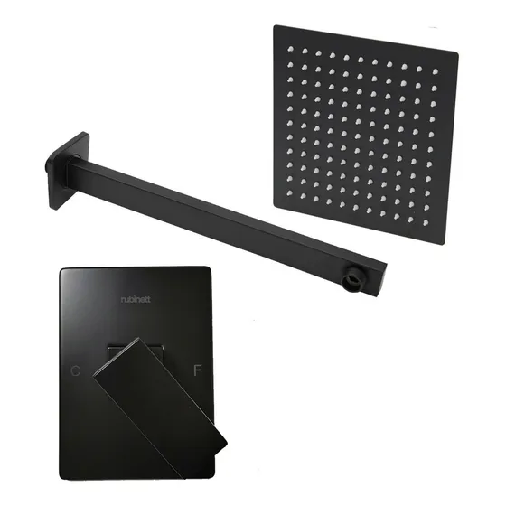 Regadera Cuadrada 20cm Con Brazo Y Monomando Negro Mate Lujo