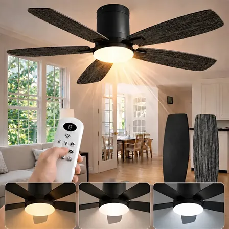 Ventilador de Teto Silencioso com Luz LED e Controle Remoto, Grande 107cm, 8 Velocidades, 3 Cores de Luz, 5 Pás Dupla Face, Motor Reversível, para Sala, Quarto e Jantar, Tieesa Preto