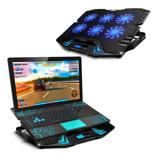 Ventilador y Soporte para Laptop Gamer con Luz LED, Base Ajustable para Laptop de 9” a 17”, 5 Niveles de Inclinación, Enfriador Antideslizante con 6 Ventiladores y 6 Velocidades, 2 Puertos USB