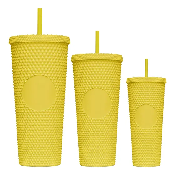 Trio De Vasos Texturizados Con Tapas Y Popotes Color Amarillo 3 Tamaños (clicuc)